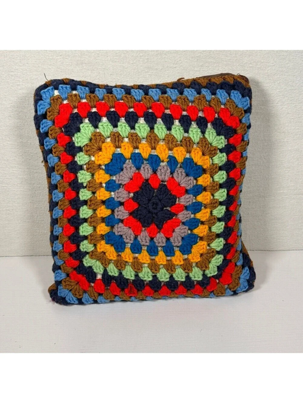 Handmade Multicolor Crochet Granny Square Pillow Brown Fabric Back 12x12 Inches